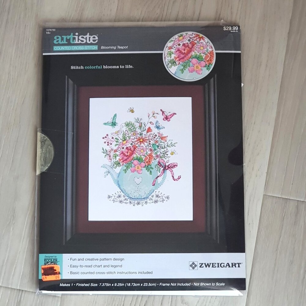 Artiste Blooming Teapot Counted Cross Stitch Kit Zweigart Floss Aida Embroidery‎